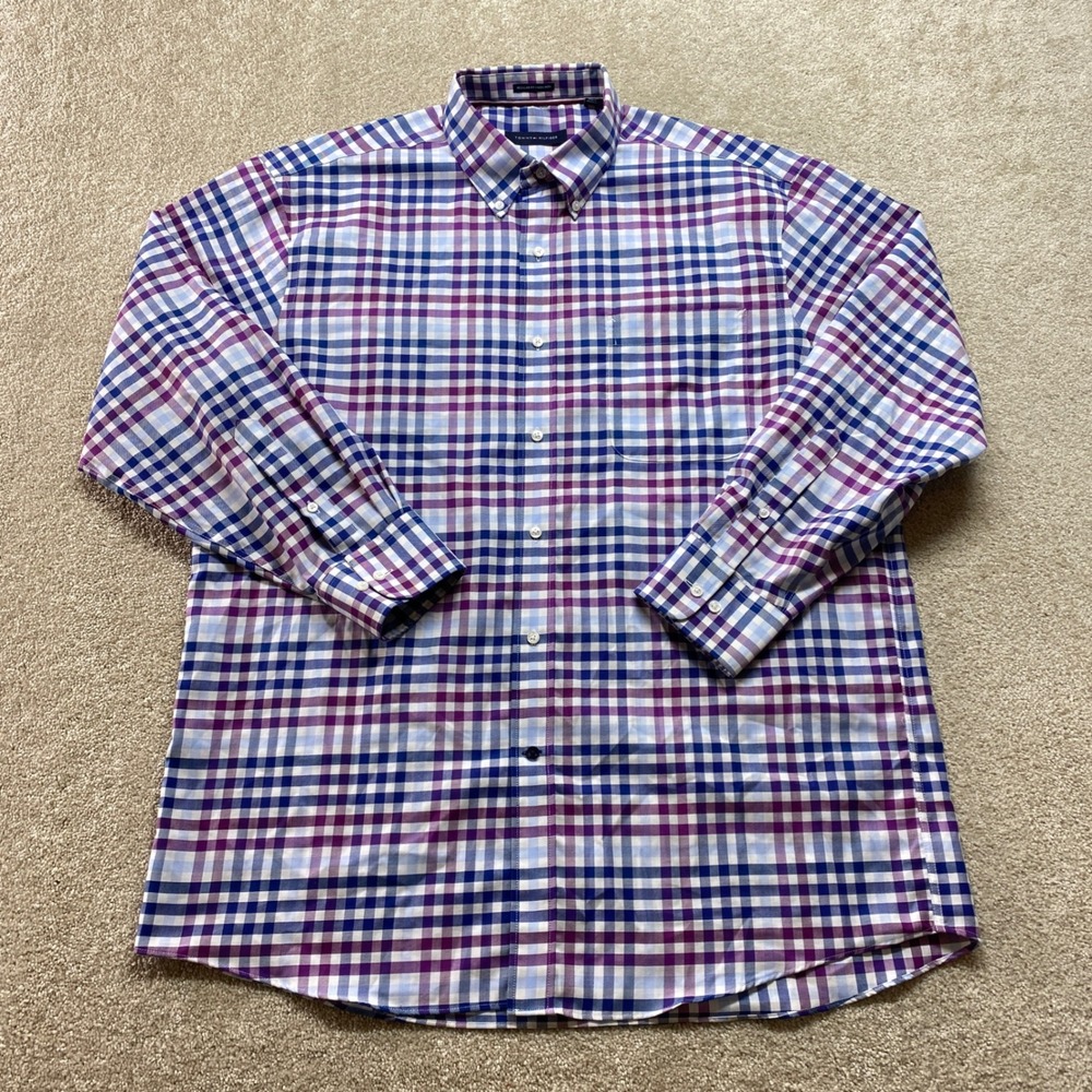 Tommy Hilfiger Mens 16 1/2 32/33 Purple Blue Plaid Checkered Button Down‎ Shirt